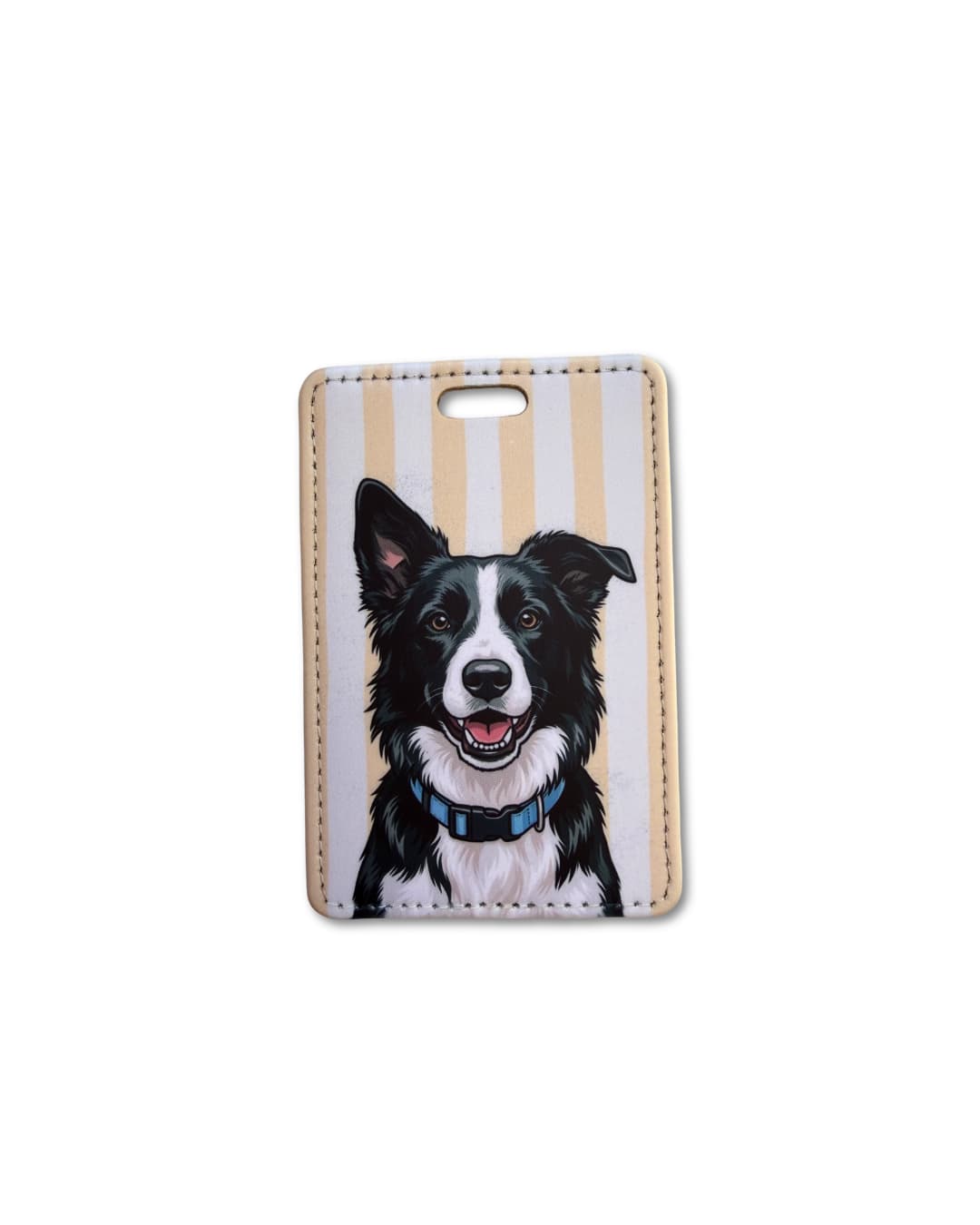 border collie luggage tag featuring a black and white border collie with a blue collar on a striped background