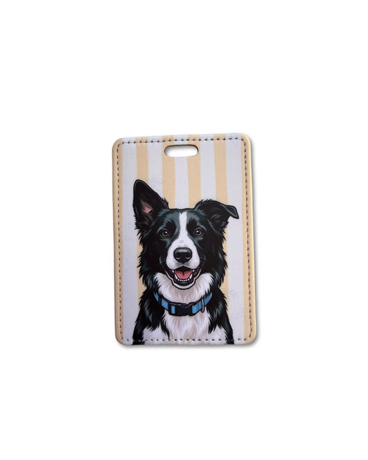 border collie luggage tag featuring a black and white border collie with a blue collar on a striped background