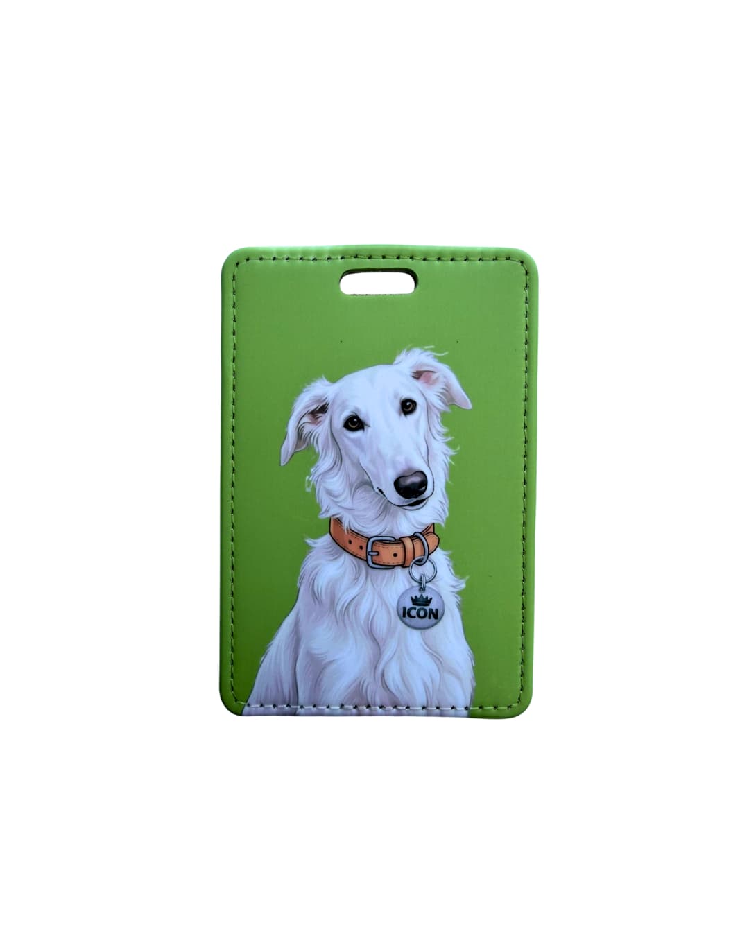 borzoi sighthound luggage tag flat lay on white background showing white long-haired Borzoi with tan leather collar and ICON round collar tag on lime green faux leather tag