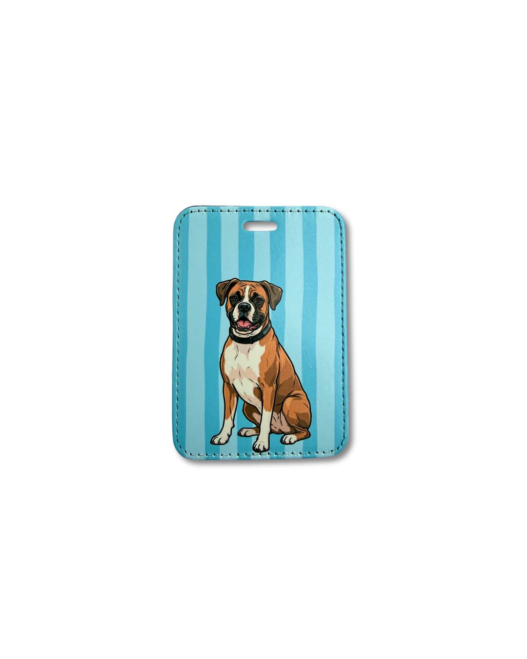 Floppy ear boxer luggage tag; Boxer illustration (natural ears) on blue stripe faux leather
