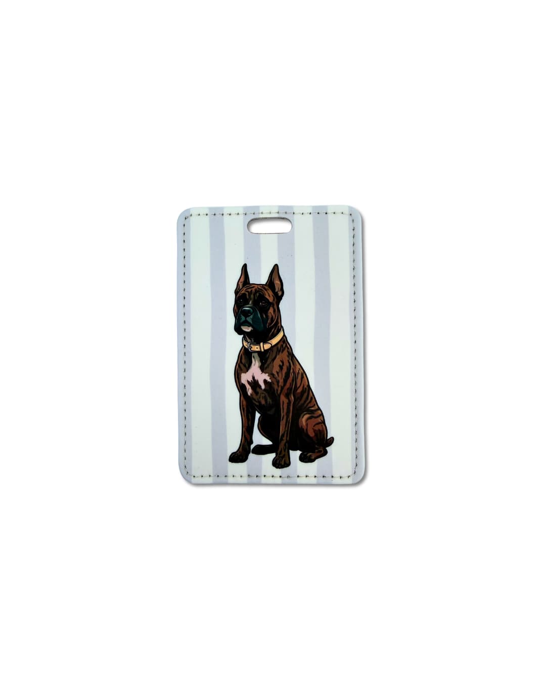 Brindle boxer luggage tag with cropped ears; grey striped background with illustrated brindle dog
