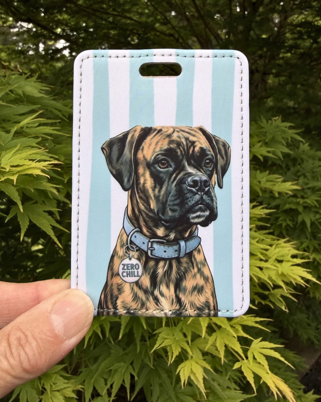 Brindle boxer dog luggage tag lifestyle; Hand holding a fun faux leather luggage tag featuring an illustrated brindle Boxer on teal and white stripes, and green tree foliage background.