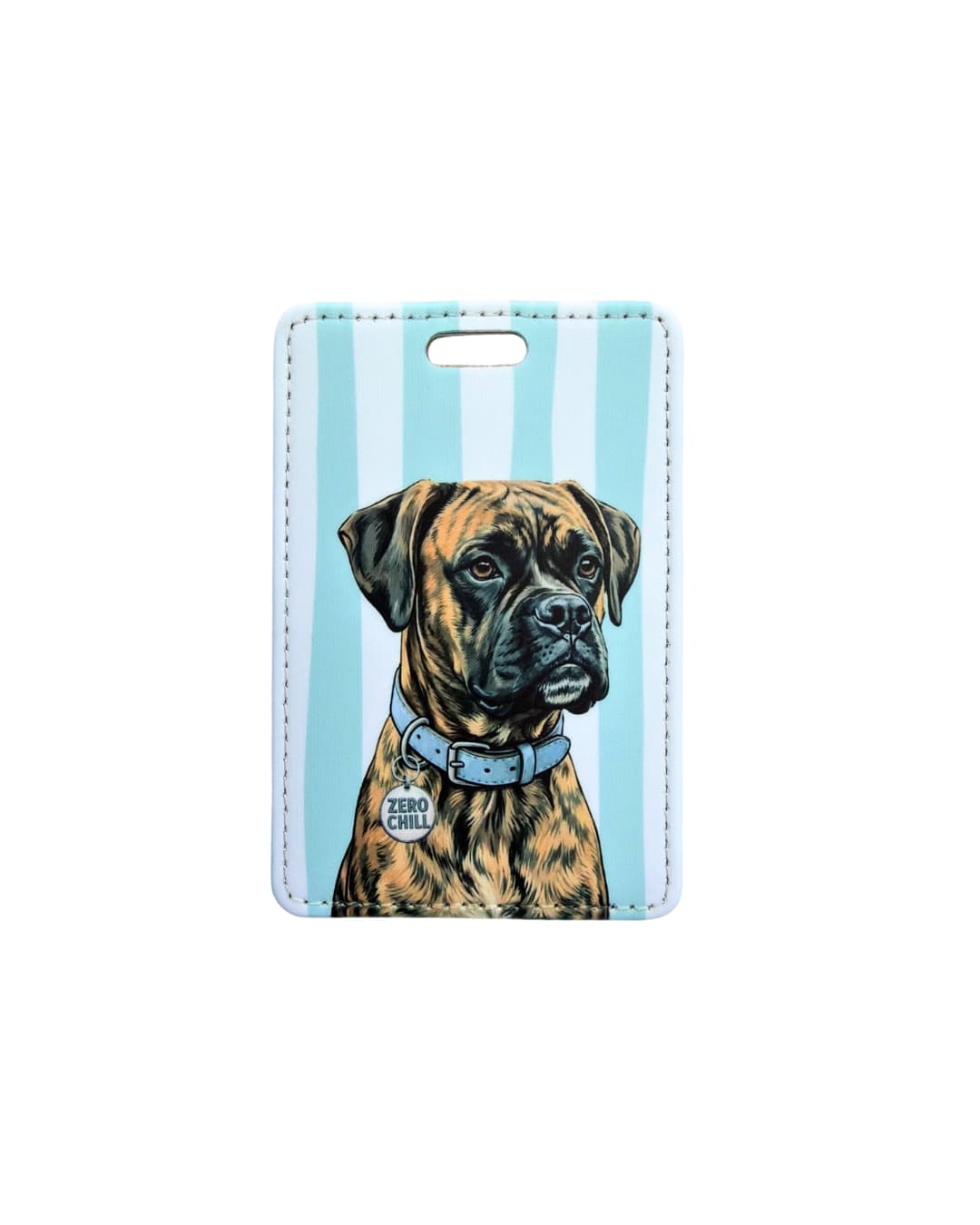 Brindle boxer dog luggage tag; Fun faux leather luggage tag with an illustrated brindle Boxer wearing a "zero chill" charm, light teal and white vertical stripes & white background.