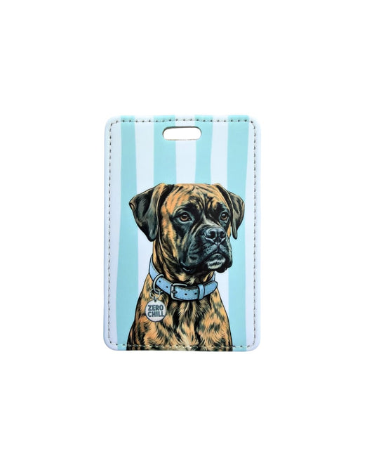 Brindle boxer dog luggage tag; Fun faux leather luggage tag with an illustrated brindle Boxer wearing a "zero chill" charm, light teal and white vertical stripes & white background.