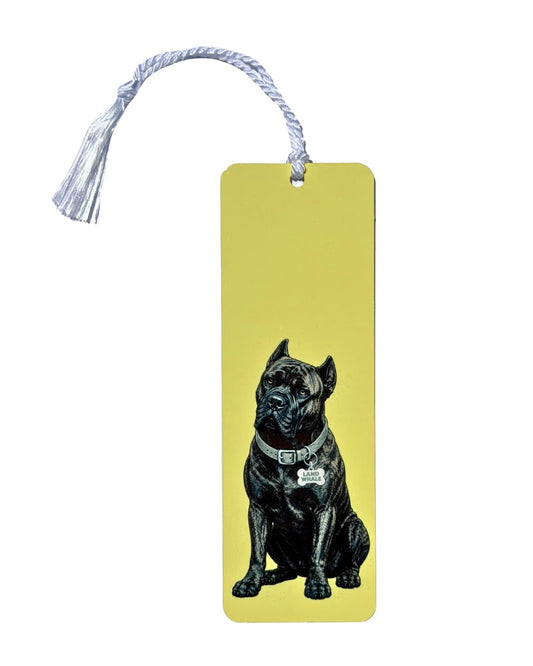 Brindle Cane Corso bookmark on white background, golden yellow aluminum with Land Whale collar tag artwork, white tassel