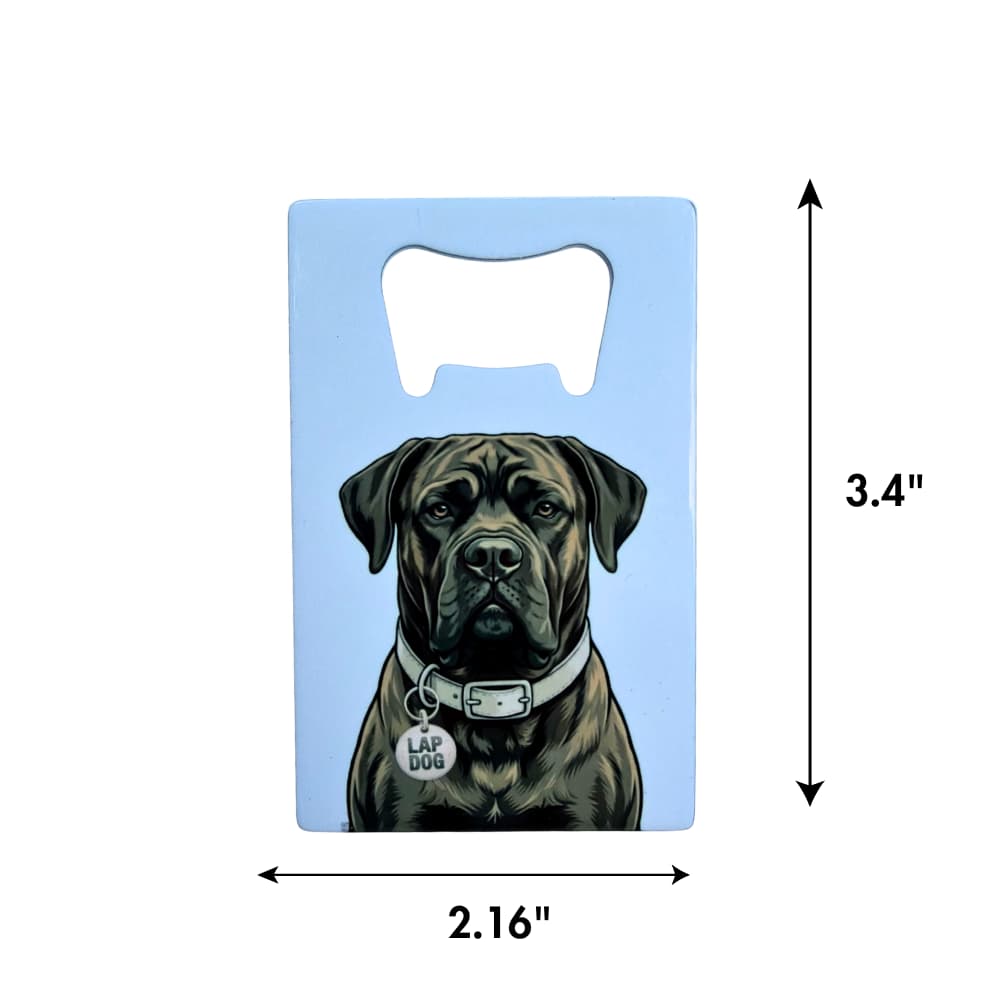 brindle cane corso bottle opener; light blue flat rectangular bottle opener with illustration of a dog. Double arrows with size dimensions on one side and bottom.