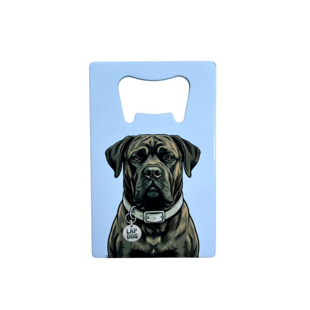 Brindle Cane Corso Bottle Opener: light blue bottle opener (flat rectangle) with illustration of dark brindle Cane Corso and funny tag "lap dog" on collar.