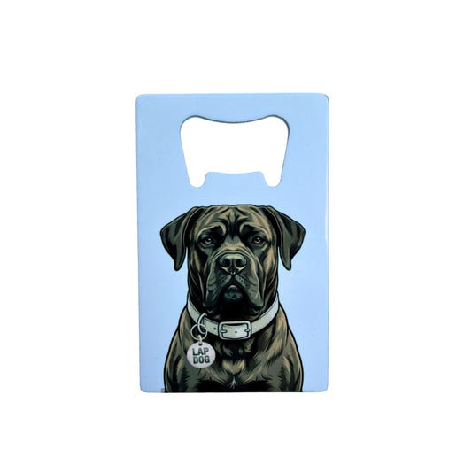 Brindle Cane Corso Bottle Opener: light blue bottle opener (flat rectangle) with illustration of dark brindle Cane Corso and funny tag "lap dog" on collar.