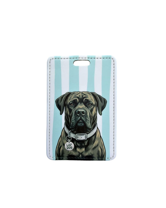 Brindle Cane Corso luggage tag; a vertical faux leather luggage tag featuring a brindle Italian Mastiff with a Lap Dog collar tag against a light blue and white striped background.