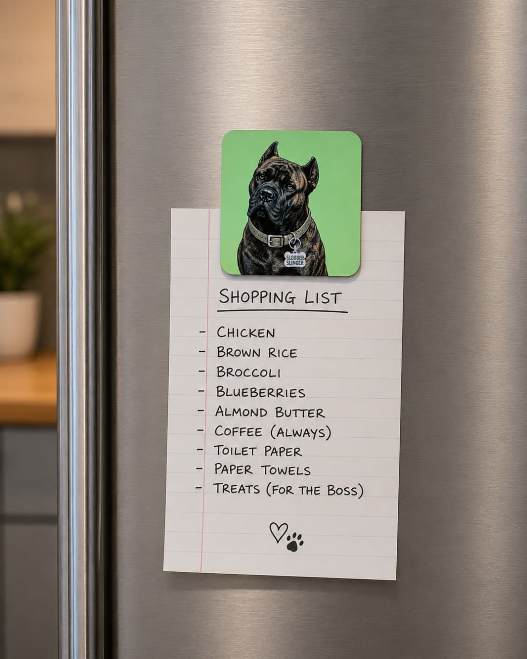 Brindle Cane Corso magnet on stainless steel refrigerator holding a shopping list, Slobber Slinger collar tag