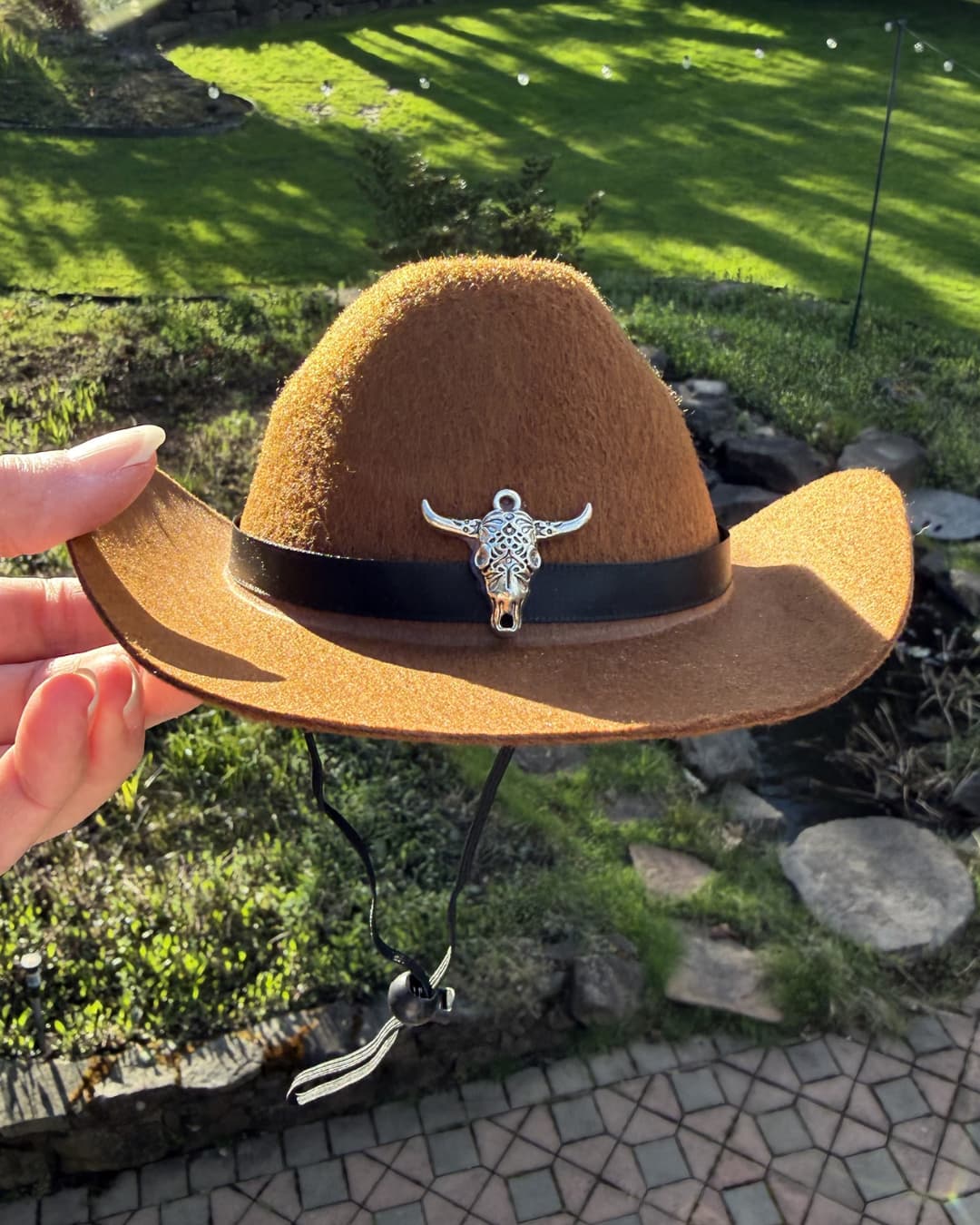 Brown cowboy hat for dogs shown up close featuring silver cow skull western decoration and outdoor background