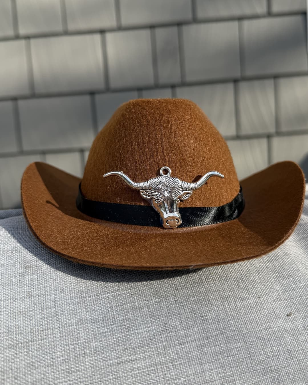 brown cowboy hat for dogs with longhorn decoration (silver) sitting on gray cushion.