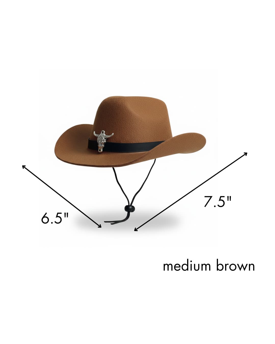 Brown cowboy hat for dogs with measurements on a white background