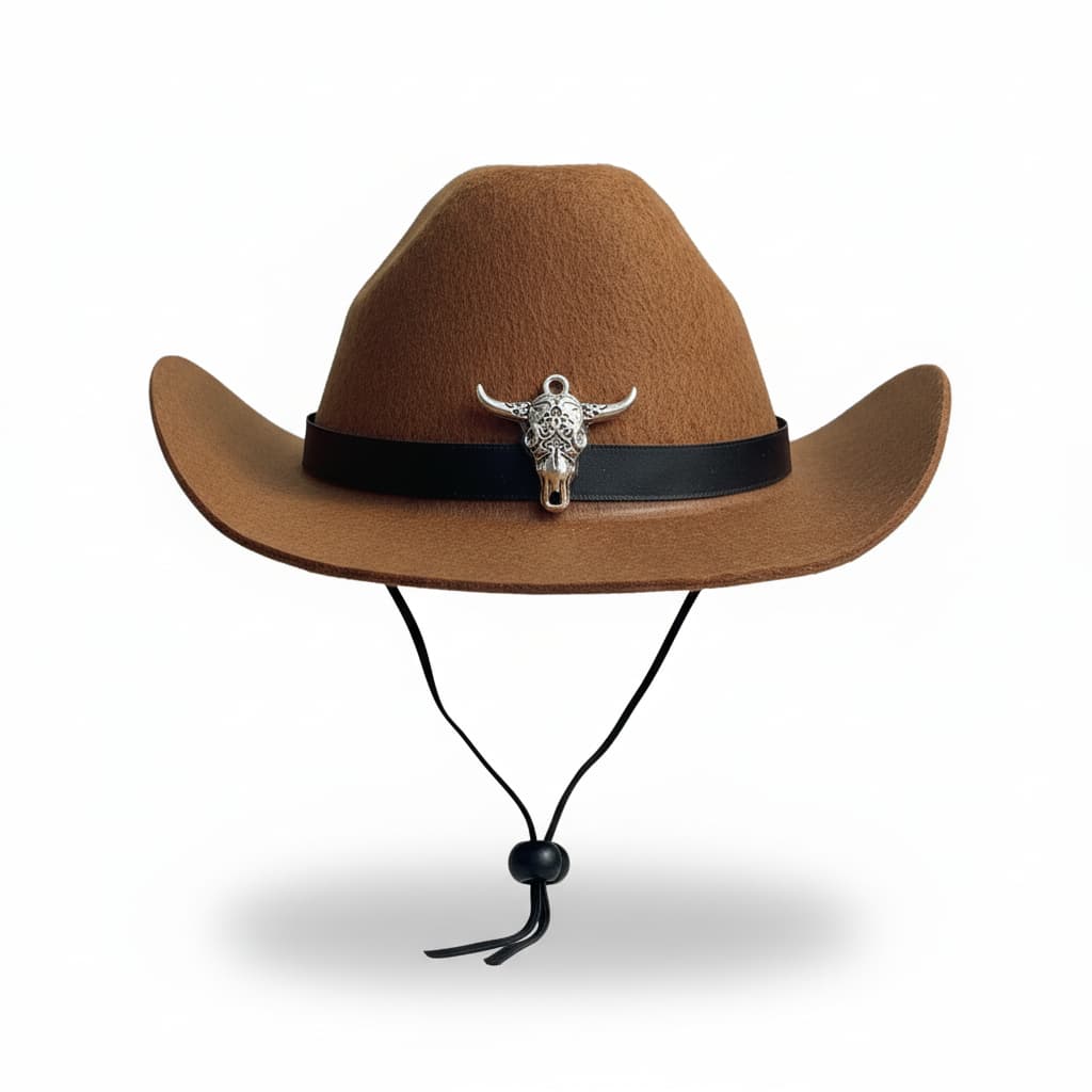 brown cowboy hat for dogs cow skull decoration (silver) and adjustable chin strap white background
