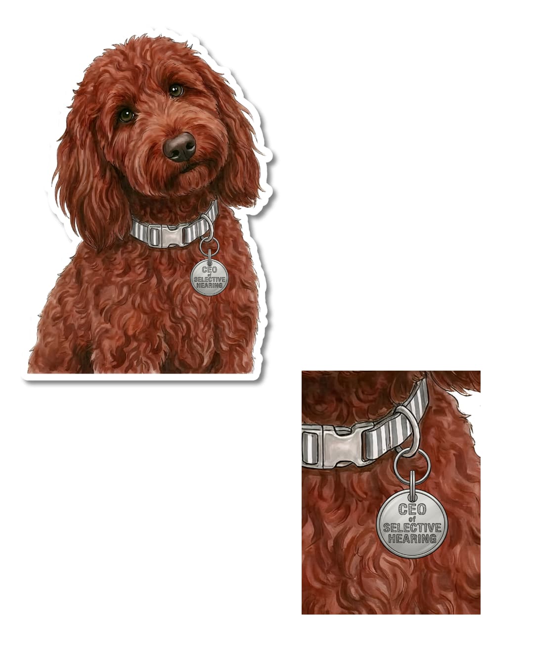 brown doodle dog sticker close up of dog tag reading CEO of selective hearing on doodle collar