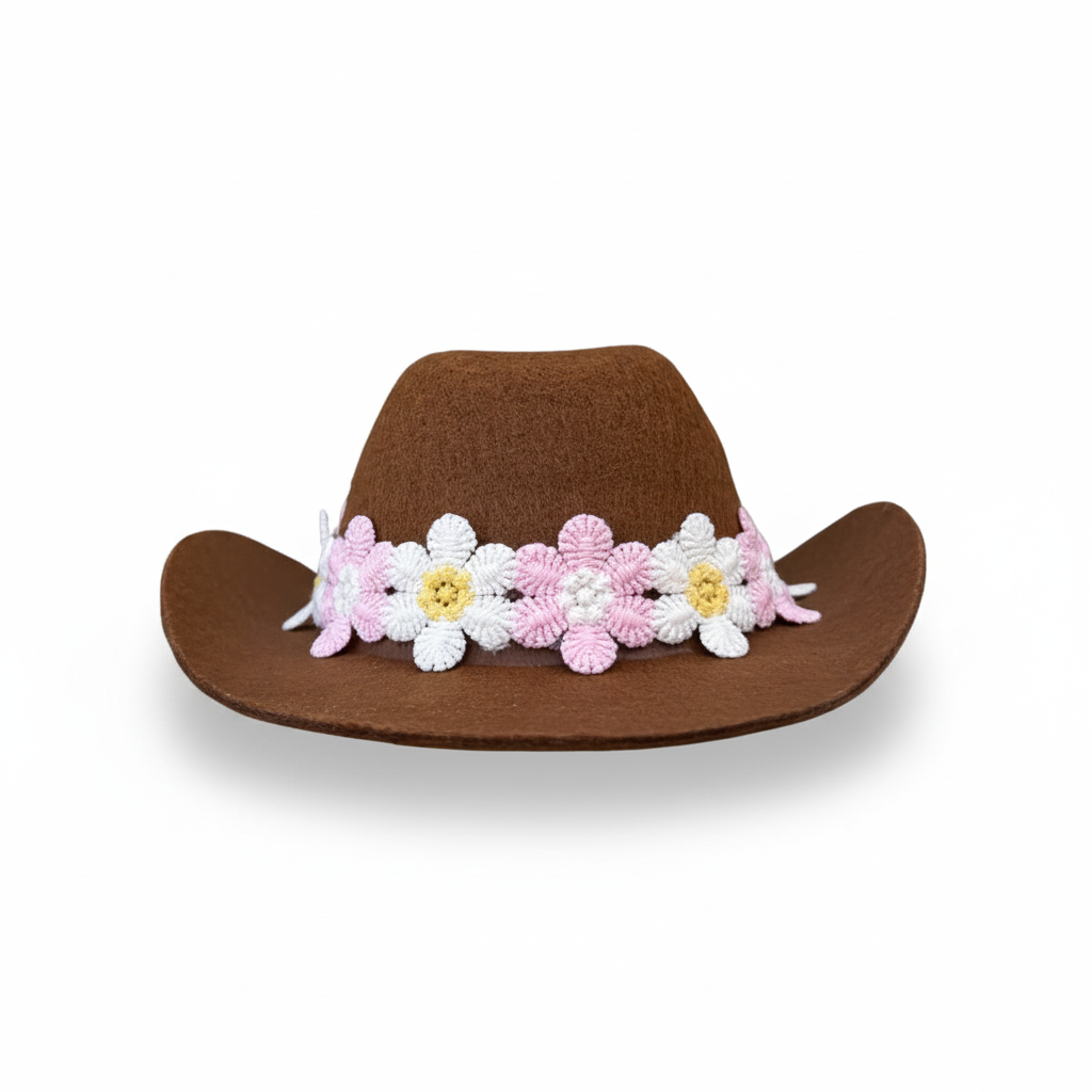 Brown floral daisy cowboy hat for dogs with a floral band on a white background