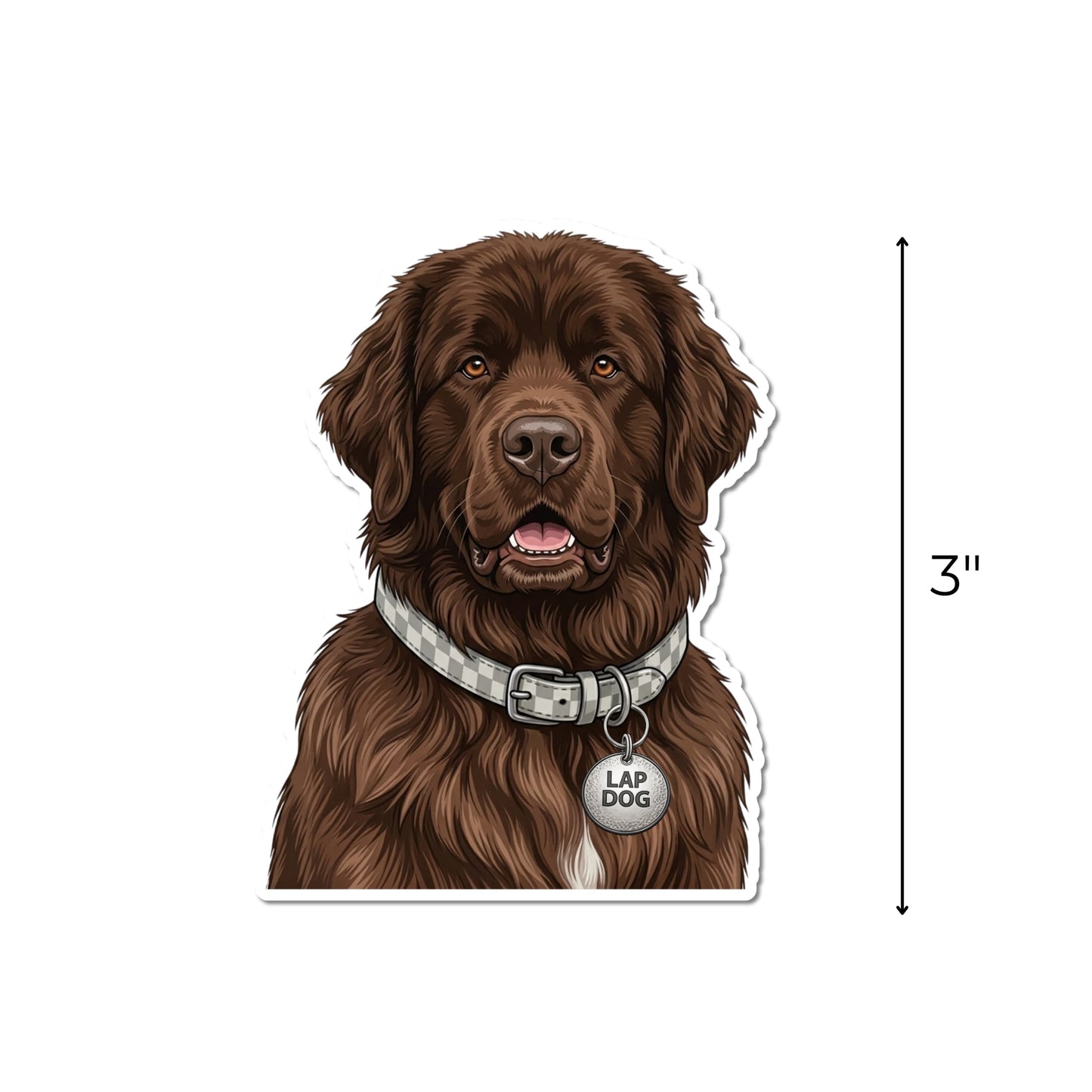 Brown Newfoundland dog sticker with a vertical arrow showing the waterproof kiss-cut decal measures 3 inches tall.