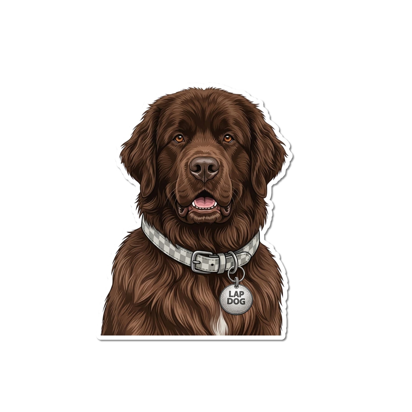 Brown Newfoundland dog sticker showing an illustrated chocolate-brown Newfie wearing a plaid collar and round LAP DOG charm.