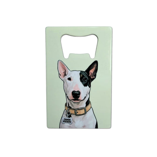Bull Terrier bottle opener - flat stainless steel credit card sized tool featuring a Chaos Potato portrait of an egg-headed white bully with a black eye patch on a pale green background.