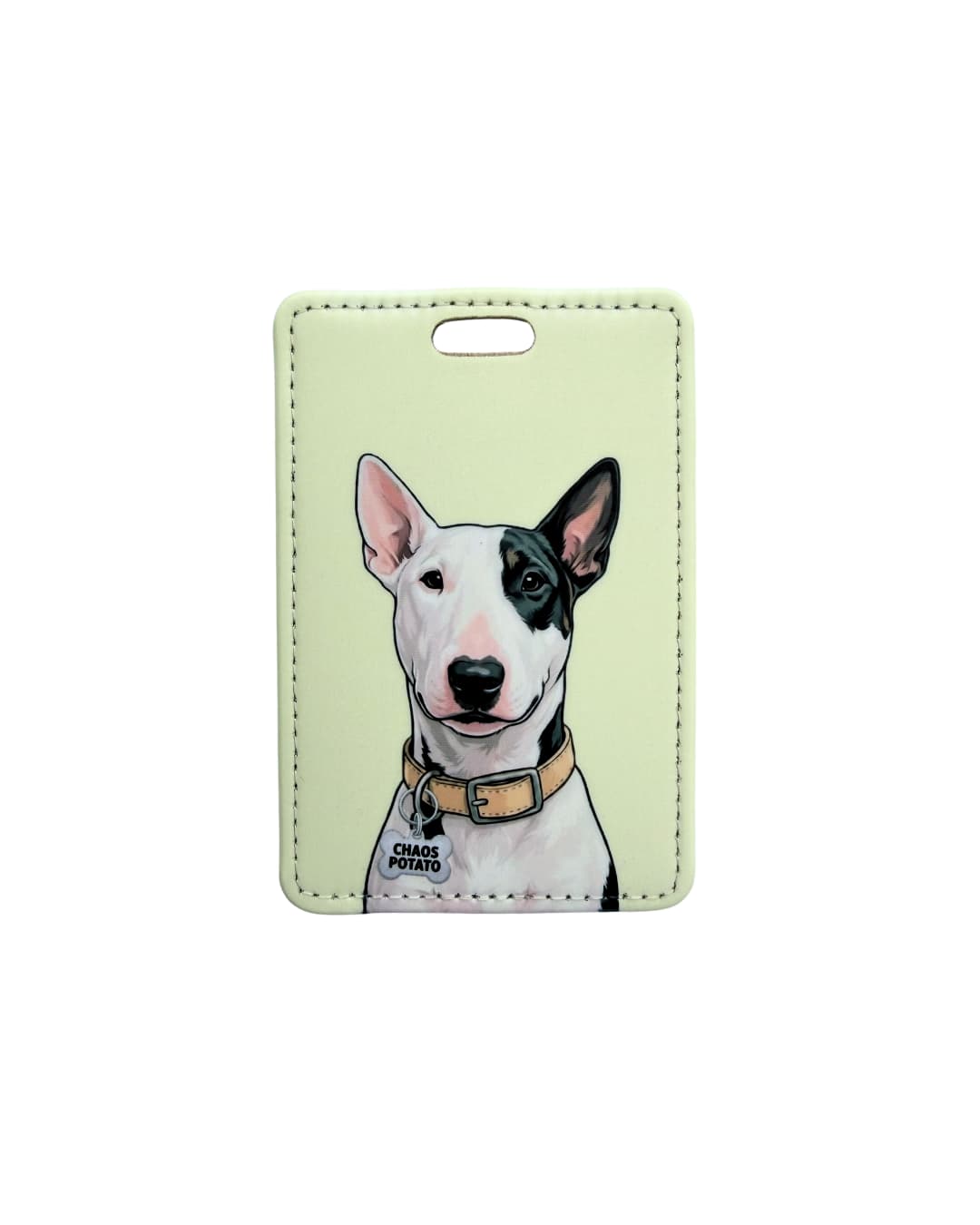 Bull Terrier luggage tag; a vertical faux leather luggage tag featuring a black and white English Bull Terrier with a Chaos Potato collar tag against a pale yellow-green background.
