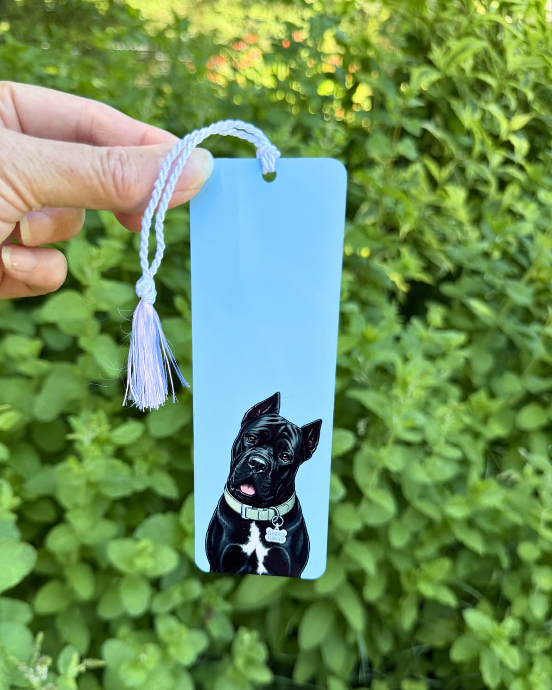 Hand holding Cane Corso bookmark against green foliage, sky blue aluminum, Slobber Slinger collar tag, white tassel