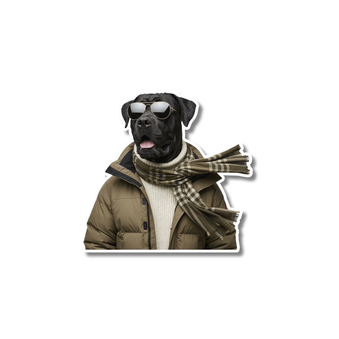 cane corso ski sticker; cane corso wearing aviator sunglasses, olive winter jacket, sweater, and plaid scarf on white background
