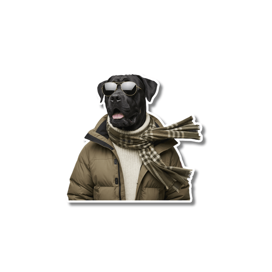 cane corso ski sticker; cane corso wearing aviator sunglasses, olive winter jacket, sweater, and plaid scarf on white background
