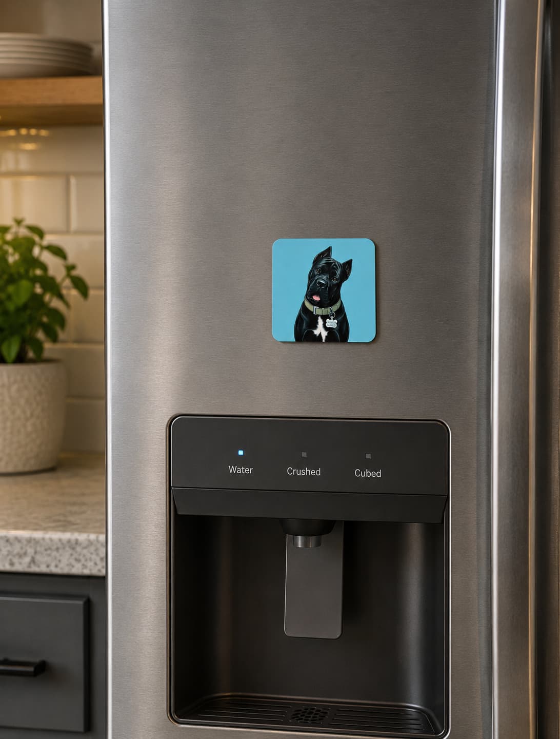 Cane Corso slobber magnet on stainless steel refrigerator with water dispenser, sky blue background.
