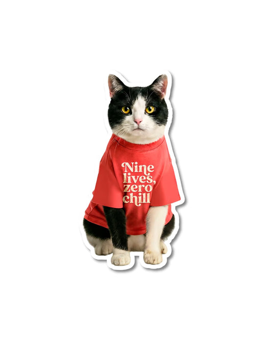 cat meme sticker nine lives zero chill cat humor black and white cat wearing red shirt with text