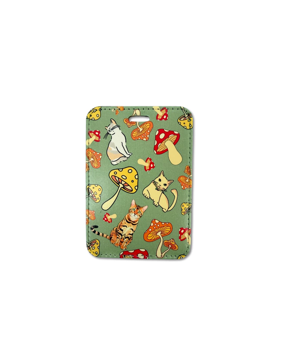 cat mushroom luggage tag featuring illustrated cats and mushrooms on a green patterned background