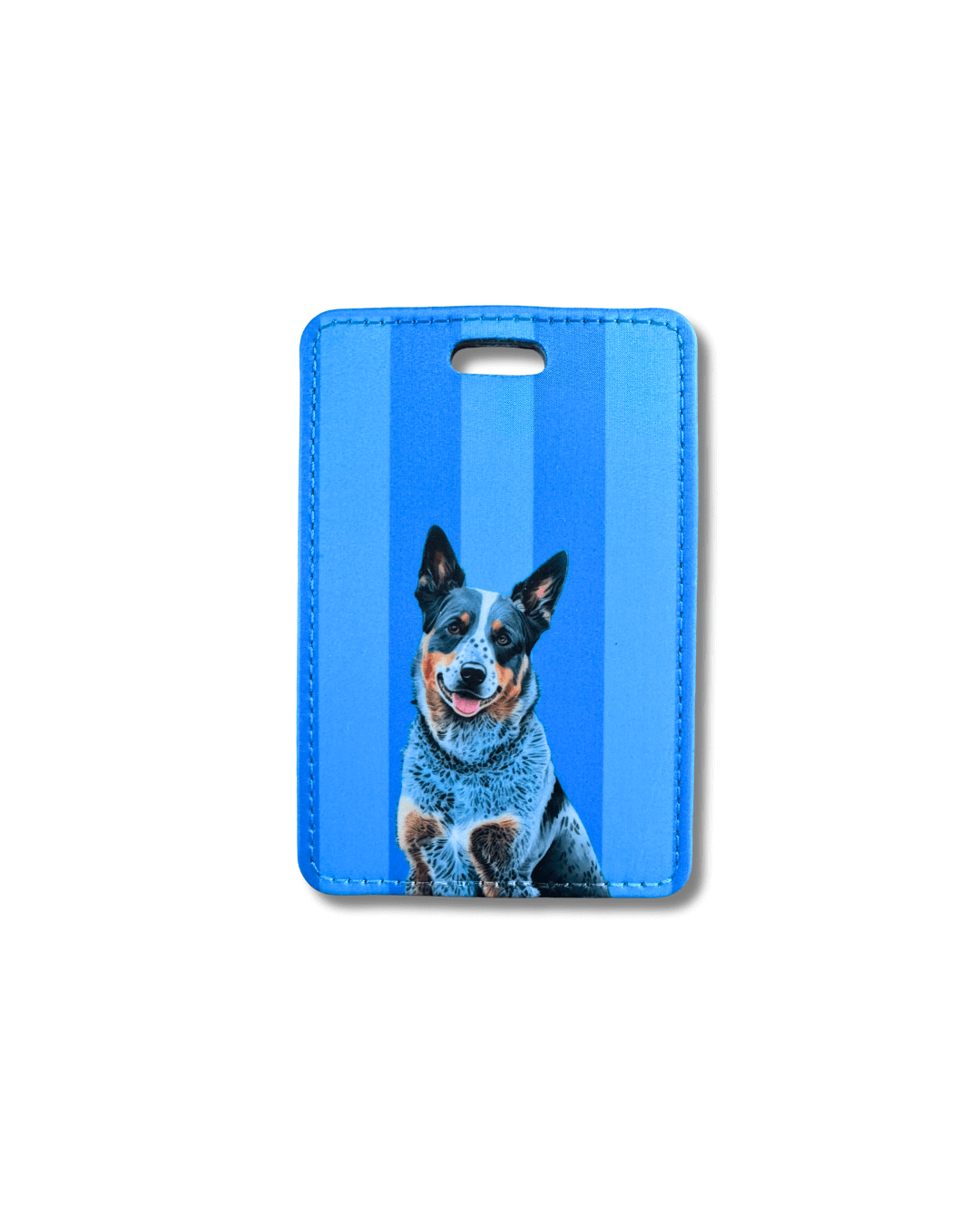 Blue Heeler Cattle Dog luggage tag in vibrant blue stripes on faux leather.