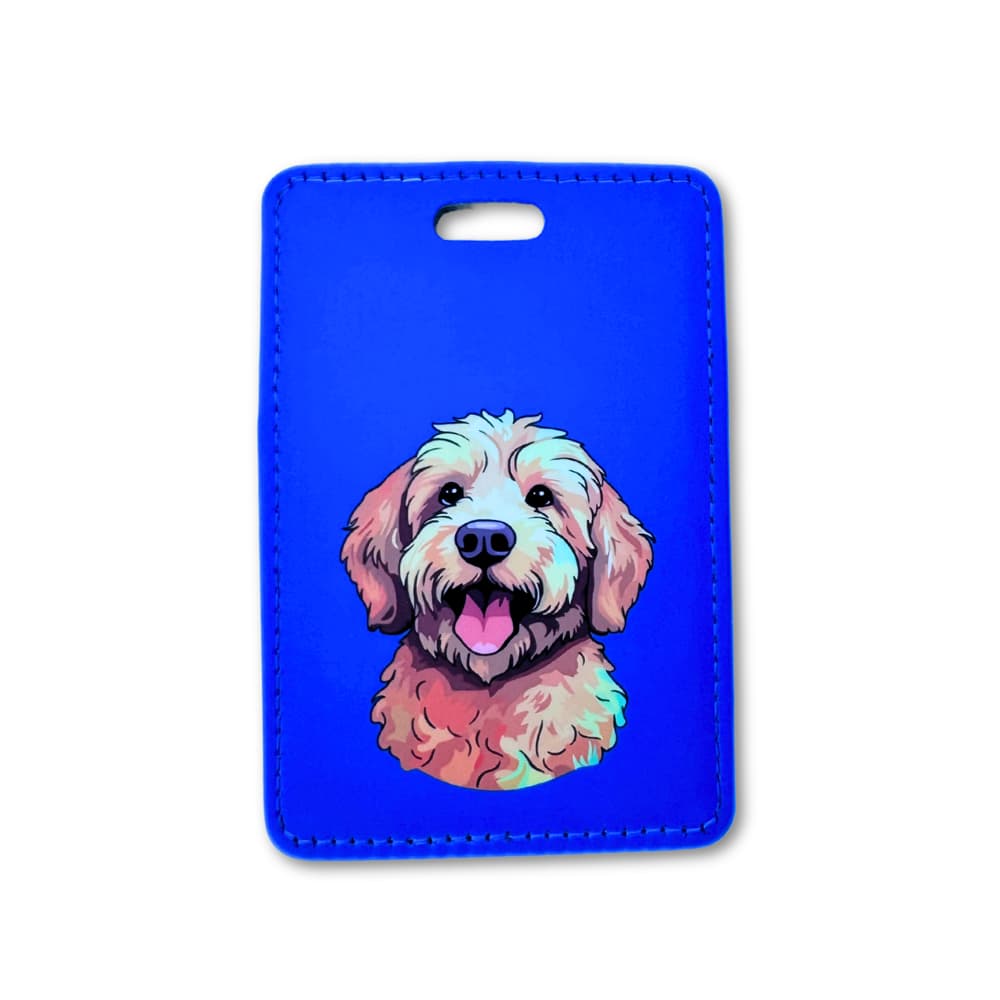 cavapoo luggage tag; illustration of dog on a blue background
