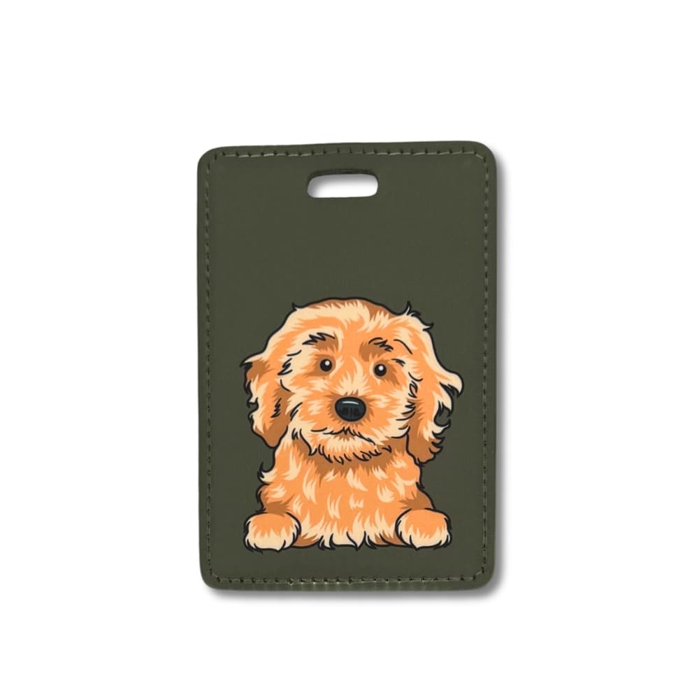 cavapoo luggage tag; illustrated light brown dog on dark brown background