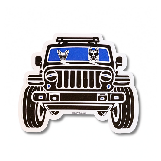 Large 5" vinyl sticker featuring a German Shepherd and Chihuahua riding in an off-road vehicle. 