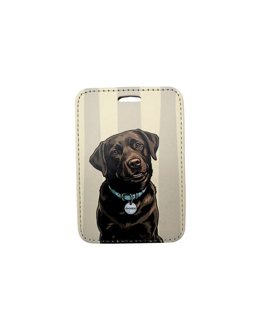Chocolate Lab luggage tag - illustrated brown Retriever dog with blue collar and funny dog tag;  beige striped background