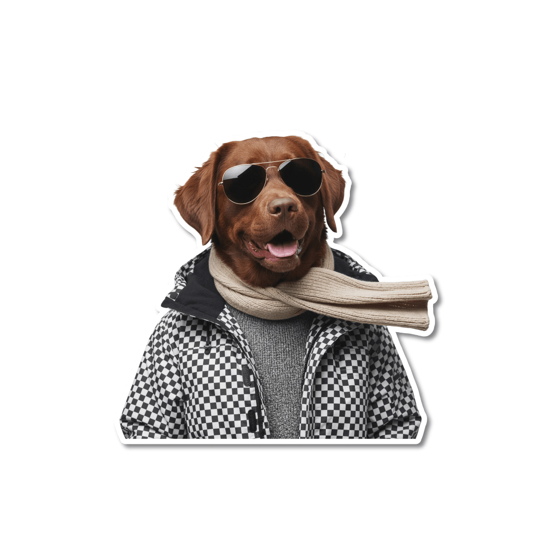 Chocolate lab sunglasses sticker; Labrador Retriever wearing aviator sunglasses, a scarf, and a black checked jacket