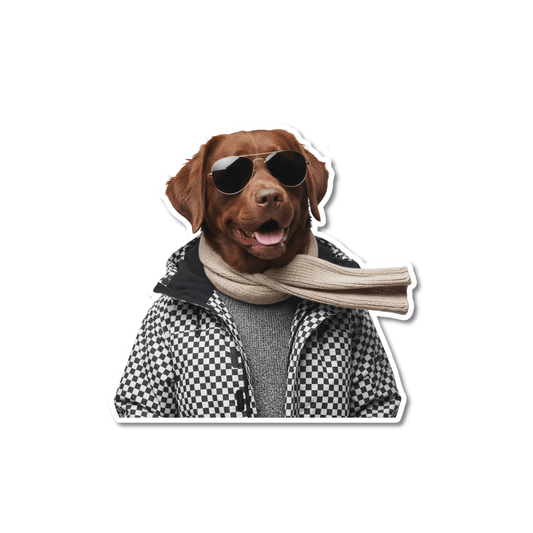 Chocolate lab sunglasses sticker; Labrador Retriever wearing aviator sunglasses, a scarf, and a black checked jacket