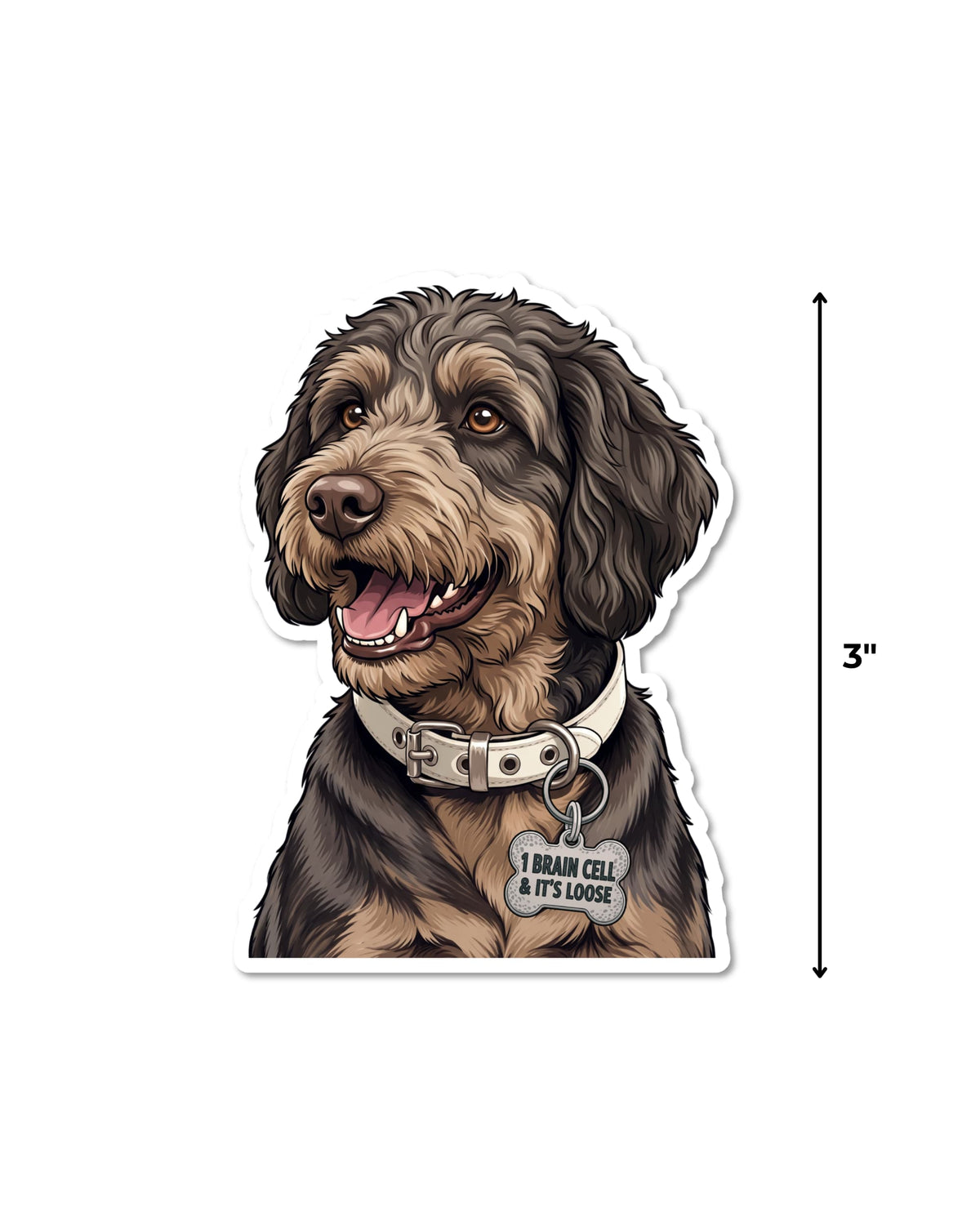Chocolate labradoodle sticker size guide showing the brown doodle dog sticker measures 3 inches tall
