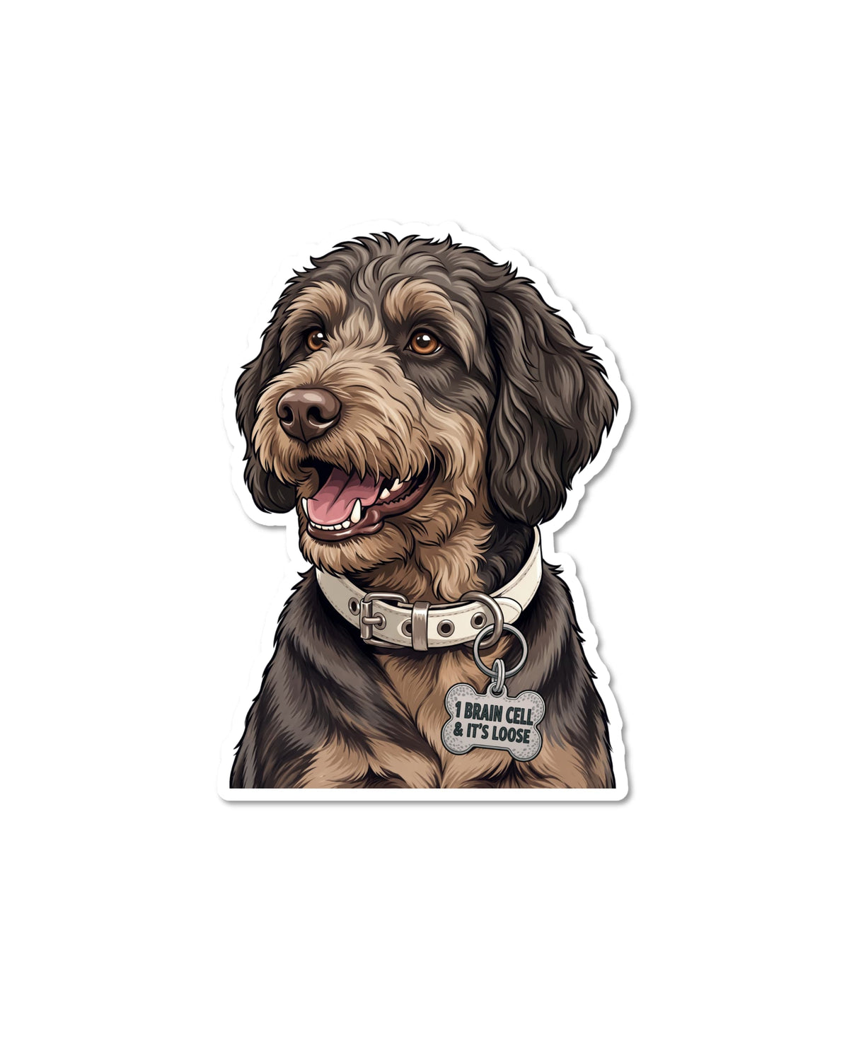 Chocolate labradoodle sticker: smiling two-tone brown doodle dog with a cream collar and bone tag reading 1 Brain Cell & It's Loose