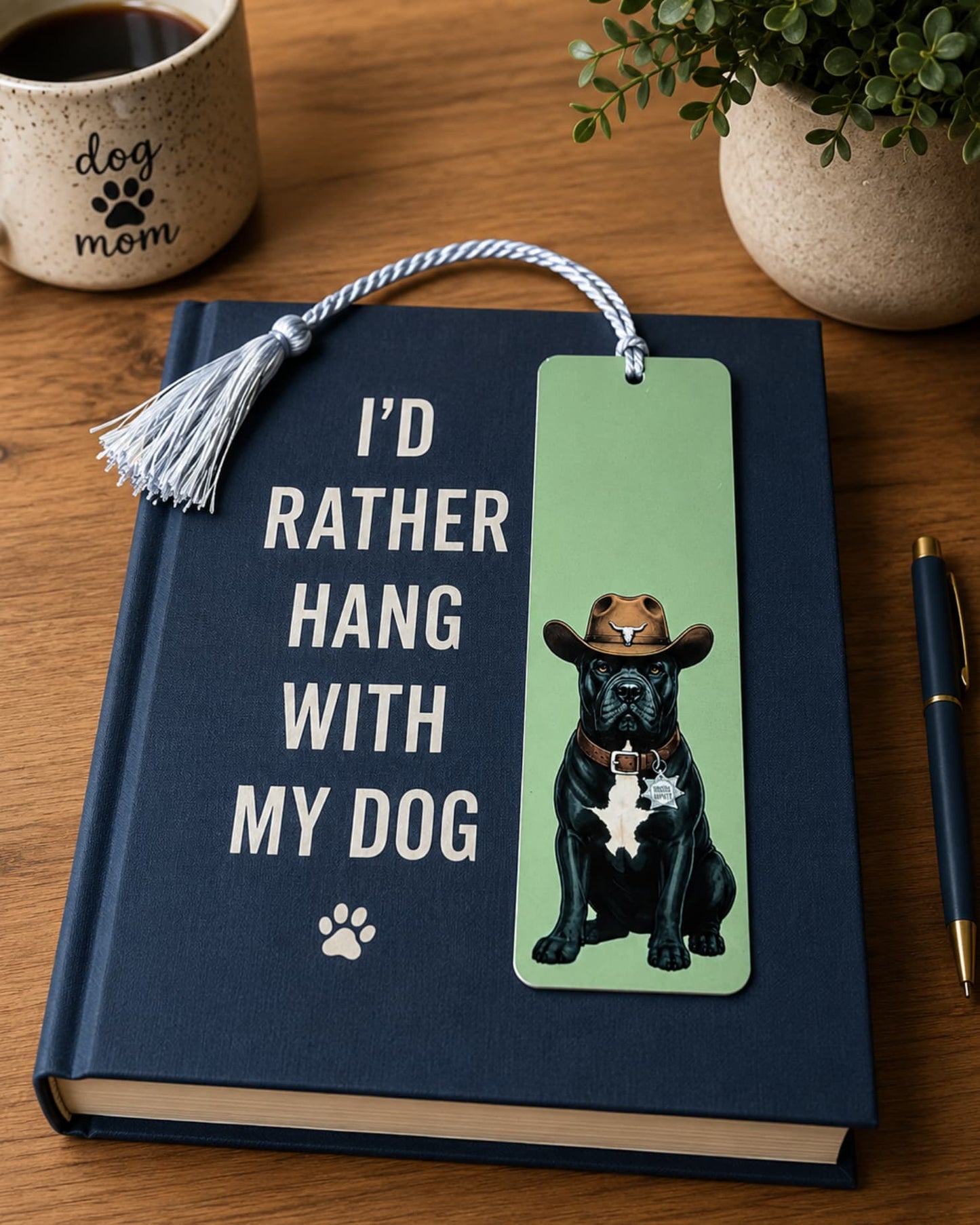 Cowboy Cane Corso bookmark on I'd Rather Hang With My Dog book, sage green aluminum, white tassel
