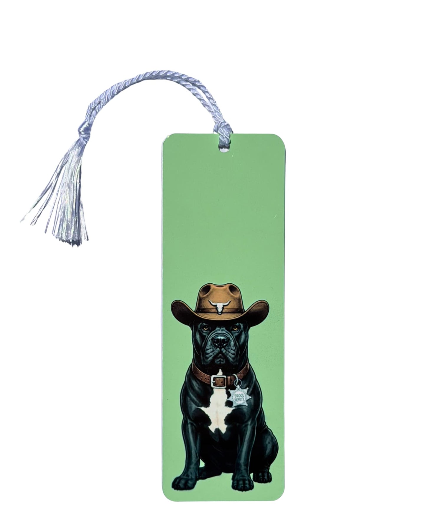 Cowboy Cane Corso bookmark on white background, sage green aluminum with cowboy Cane Corso artwork and Drool Deputy collar tag, white tassel