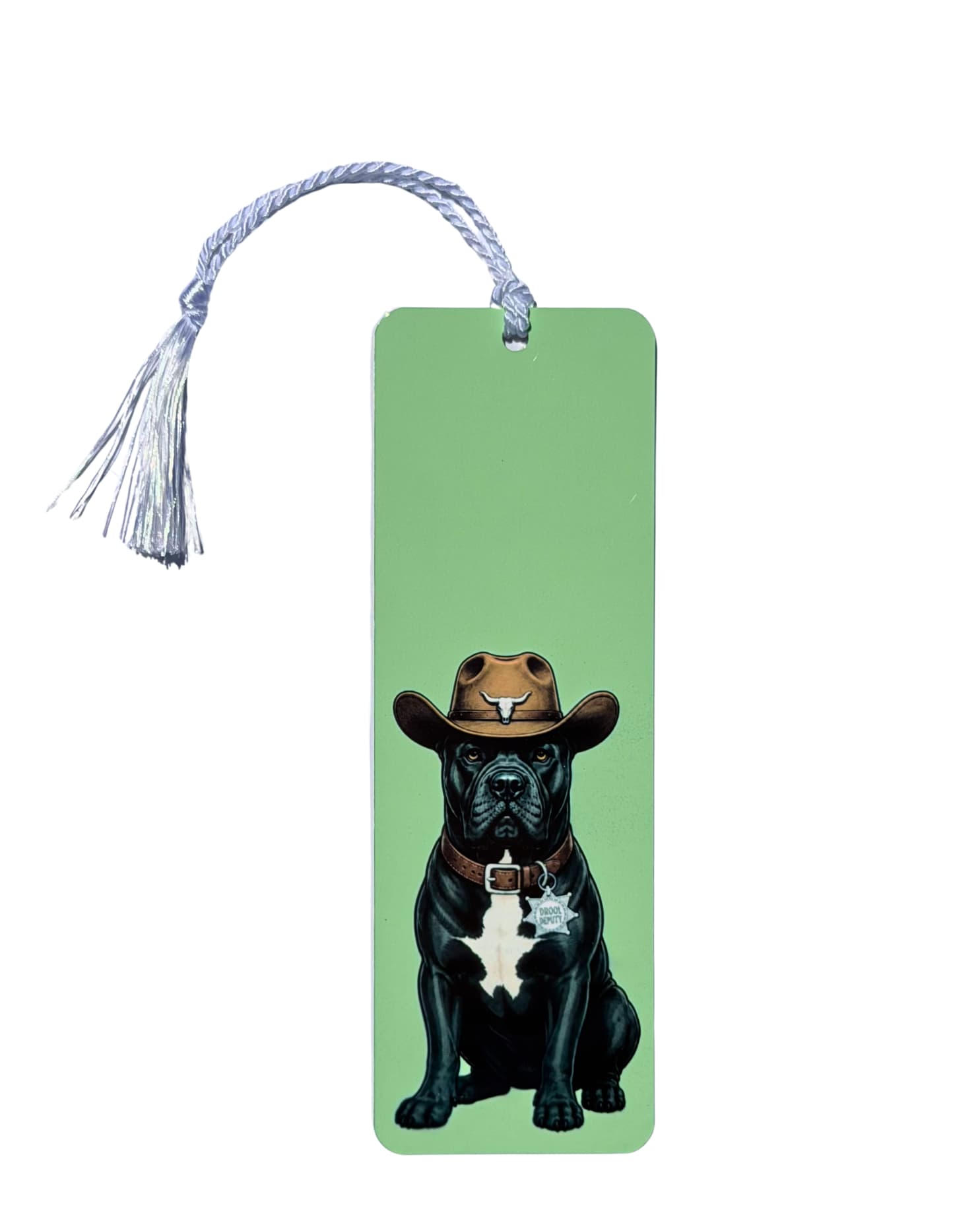 Cowboy Cane Corso bookmark on white background, sage green aluminum with cowboy Cane Corso artwork and Drool Deputy collar tag, white tassel