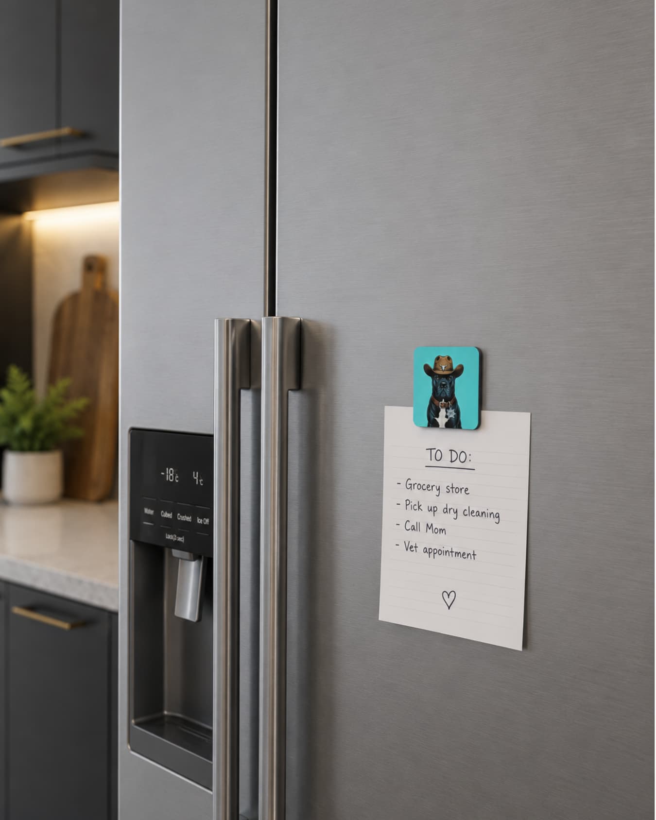 Cowboy Cane Corso magnet on stainless steel refrigerator holding a to-do list, teal background, Drool Deputy sheriff badge