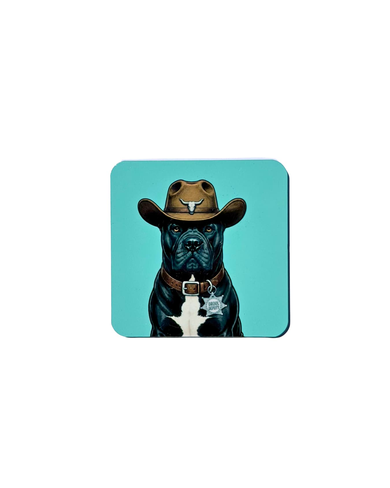 Cowboy Cane Corso magnet on white background, 2.5 inch square aluminum, black Cane Corso wearing cowboy hat with longhorn skull, Drool Deputy sheriff badge, teal background