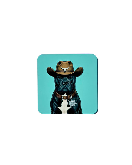 Cowboy Cane Corso magnet on white background, 2.5 inch square aluminum, black Cane Corso wearing cowboy hat with longhorn skull, Drool Deputy sheriff badge, teal background