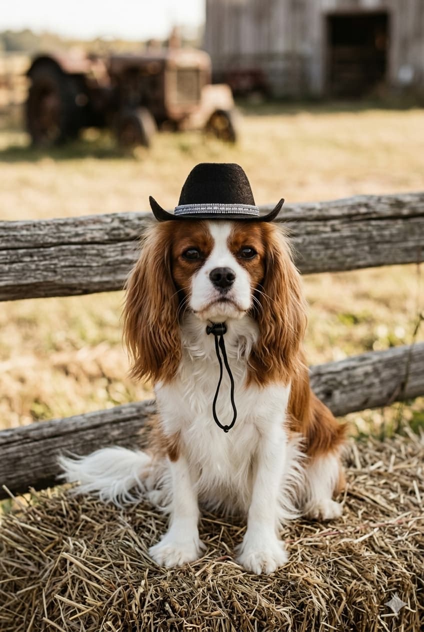 Cavalier King Charles wearing a black cowboy hat for dogs with rhinestone trim sitting on a hay bale with a rustic background