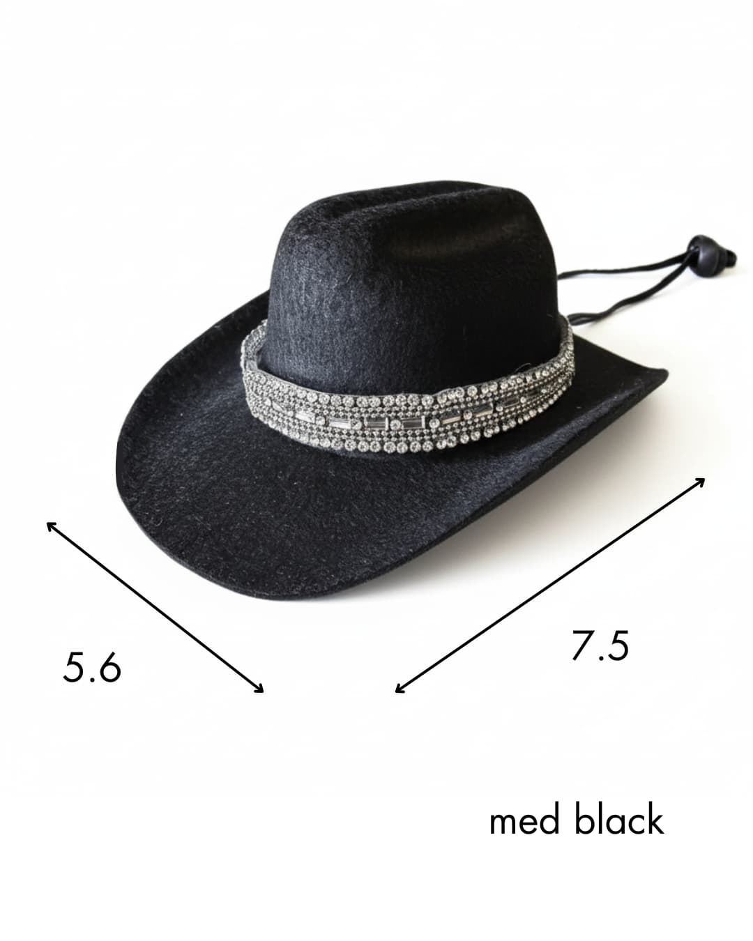 Cowboy hat for dogs black rhinestone; medium size dimensions 7.5 by 5.6 inches, white background

