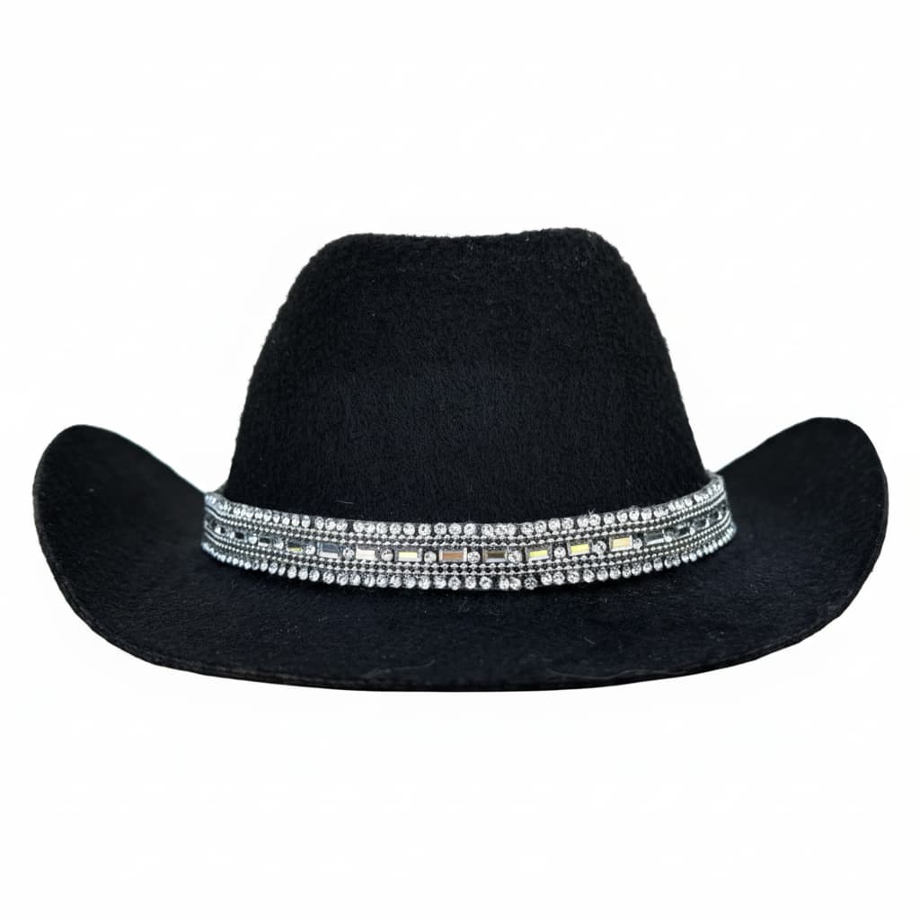 Cowboy hat for dogs black rhinestone; black felt cowboy hat with crystal rhinestone band, front view, white background