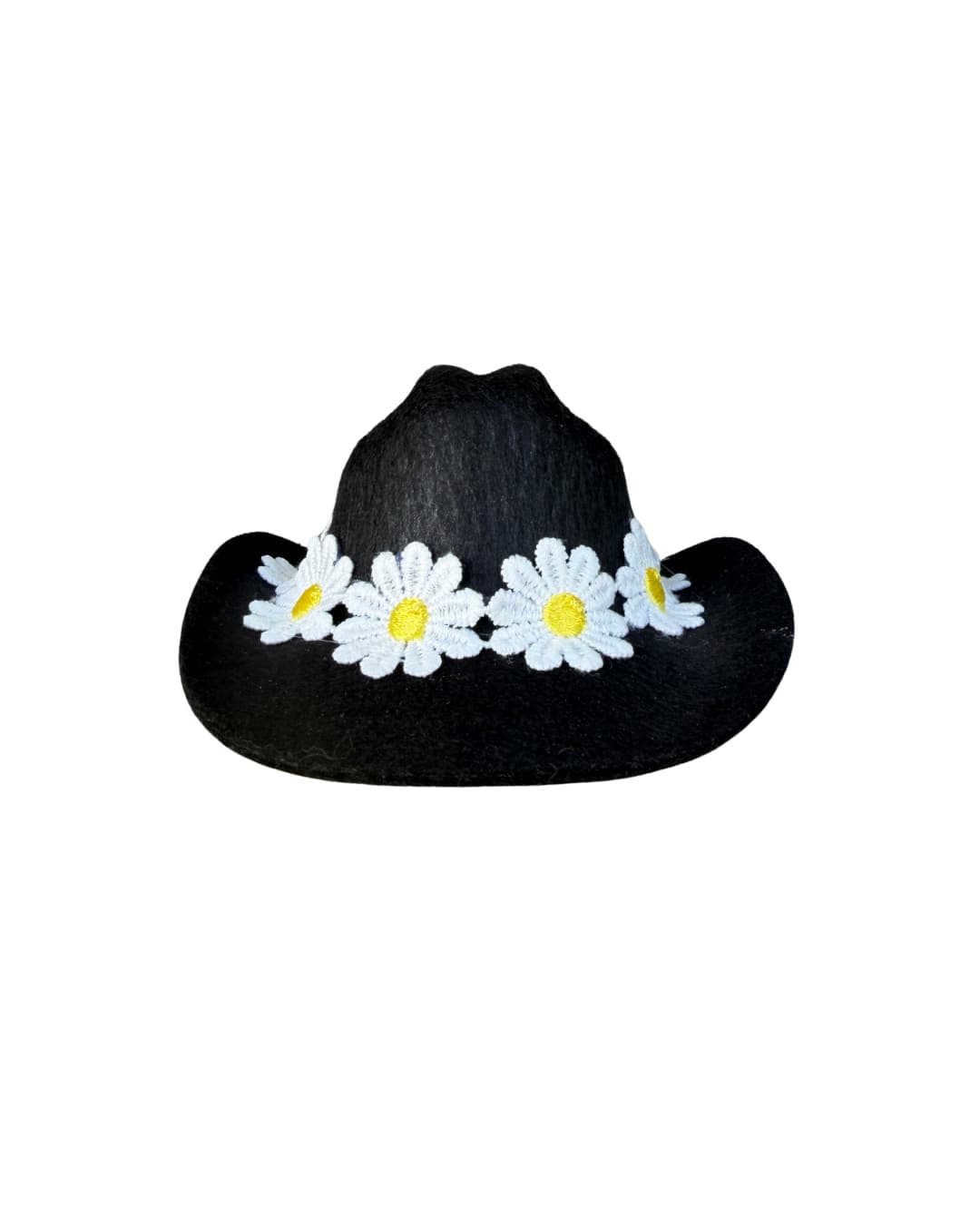 Black mini dog cowboy hat with white daisy floral trim, front view, white background