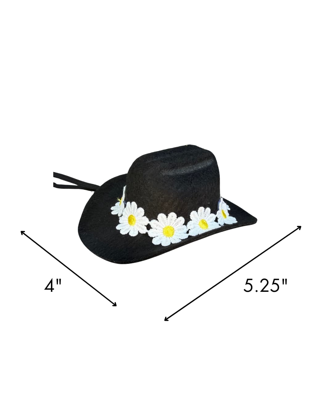 Size diagram of black mini dog cowboy hat showing 4 inches wide by 5.25 inches tall
